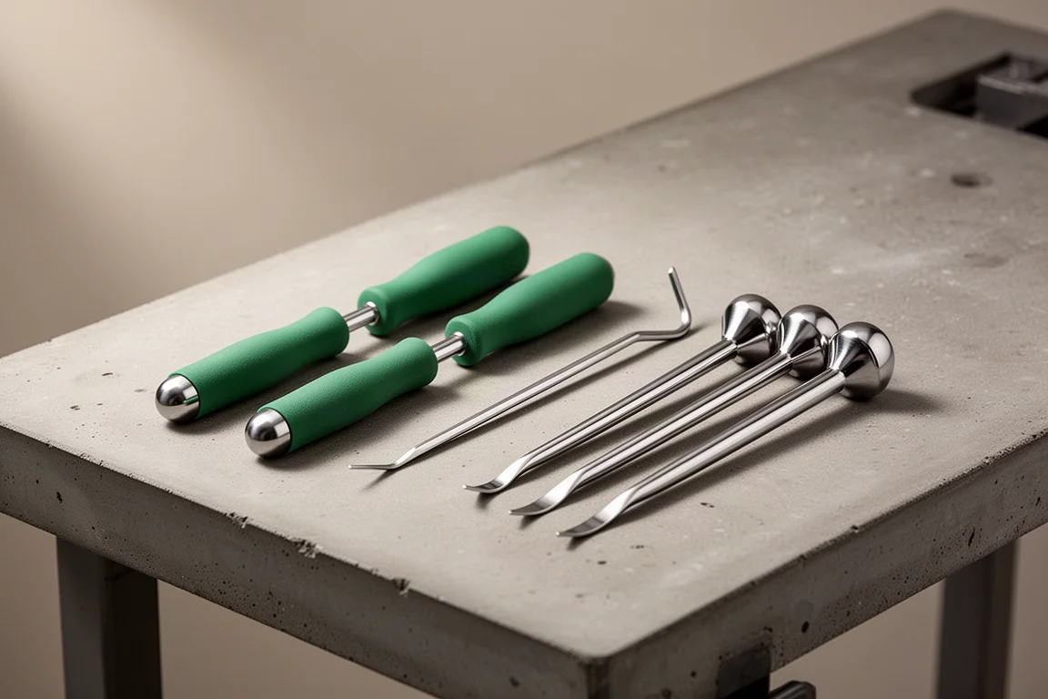 Zwei Radiator-Picks mit grünen Griffen, ein langer Haken-Pick und drei Dichtringzieher auf einer Betonbank