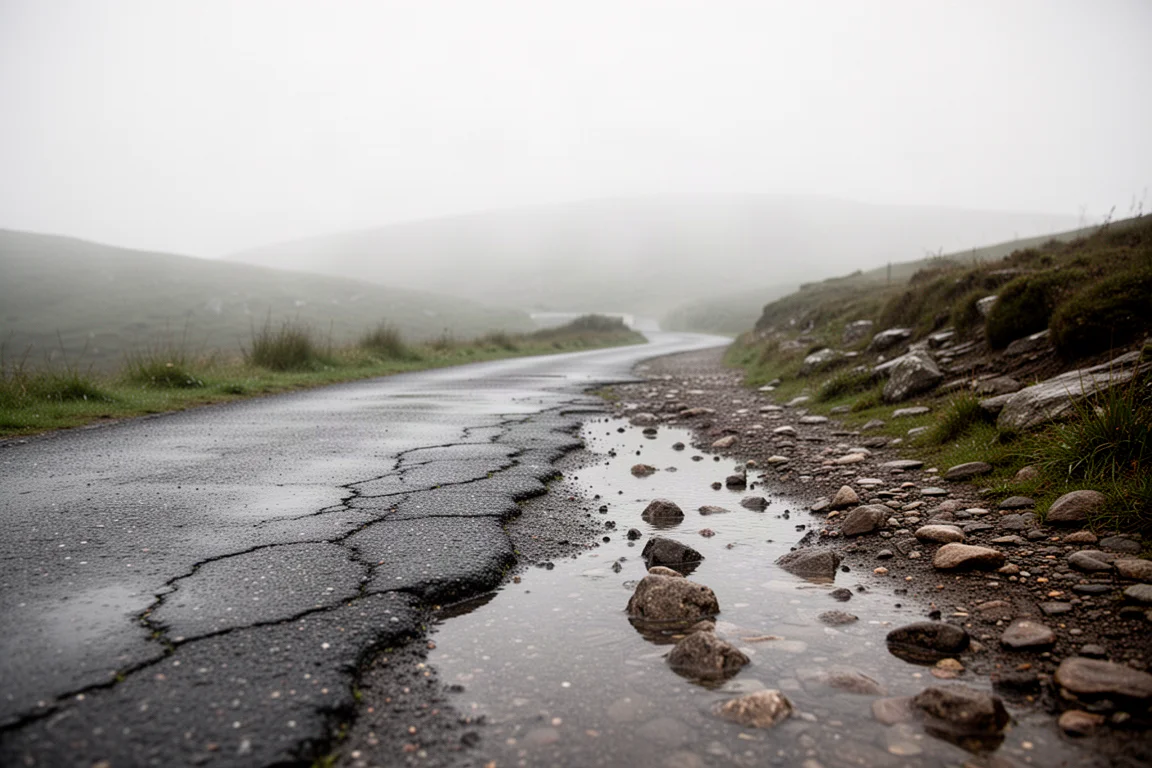 Sentiero bagnato che passa dall'asfalto a un tracciato roccioso sotto colline nebbiose