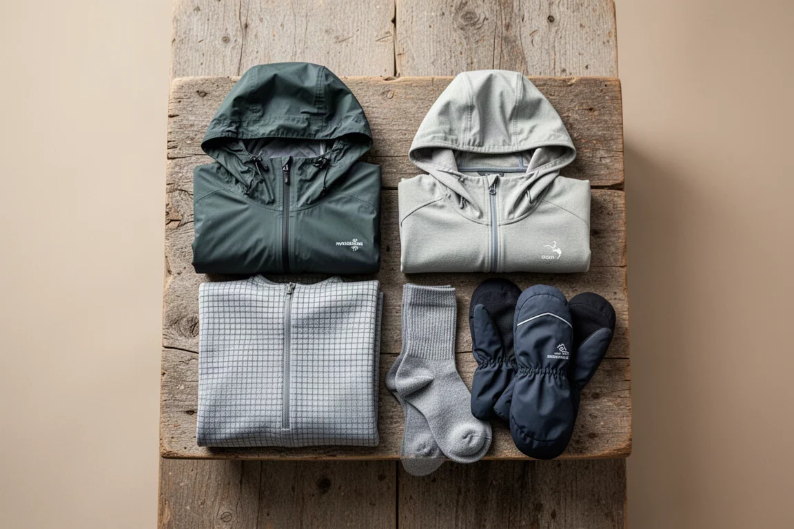 Flat lay dall'alto di strati da trekking piegati, calze e guanti su legno