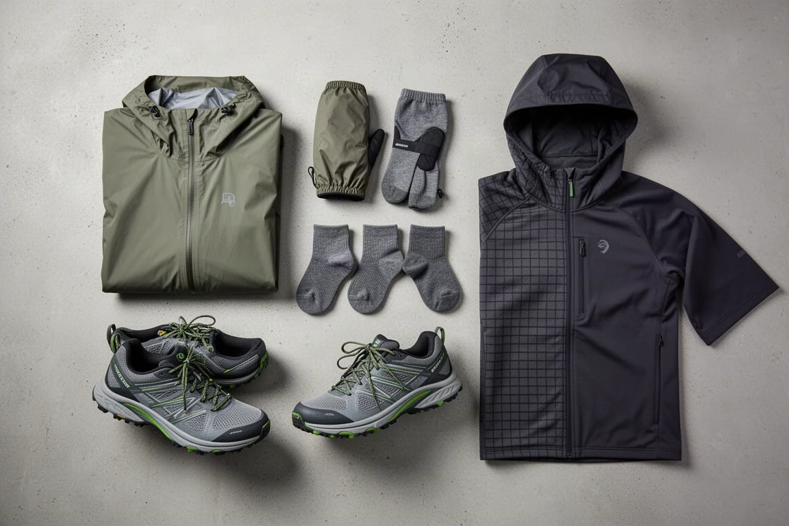 Flat lay of hiking rain shell, rain mitts, socks, trail shoes, mid layer and sun hoodie
