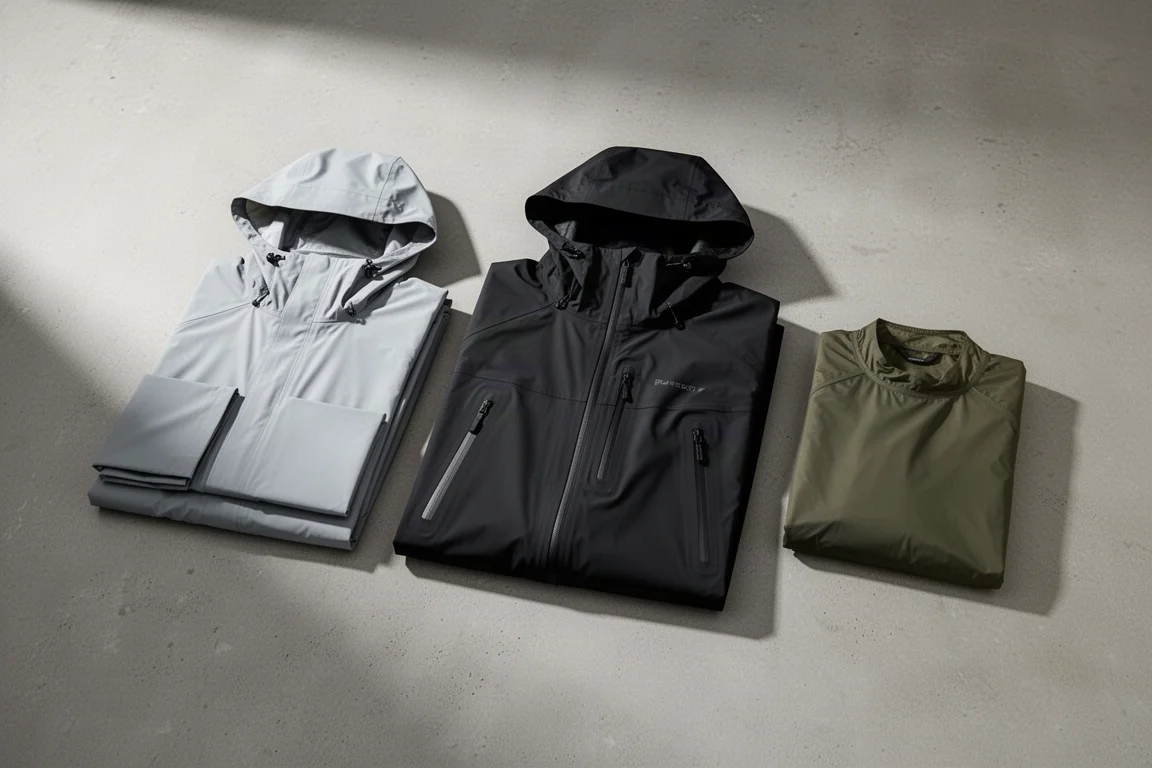 Three ultralight rain jackets in grey, black, and olive arranged on a concrete surface