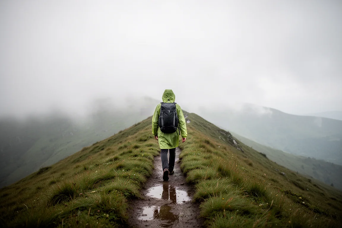 Backpacker w kurtce przeciwdeszczowej idący zamglonym szlakiem grzbietem pod niskimi szarymi chmurami