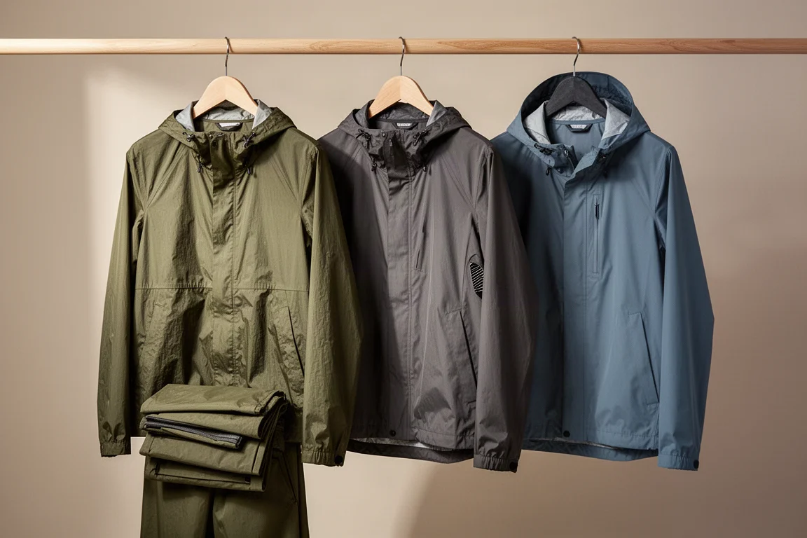 Three lightweight hooded rain jackets on a wooden rack against a neutral backdrop