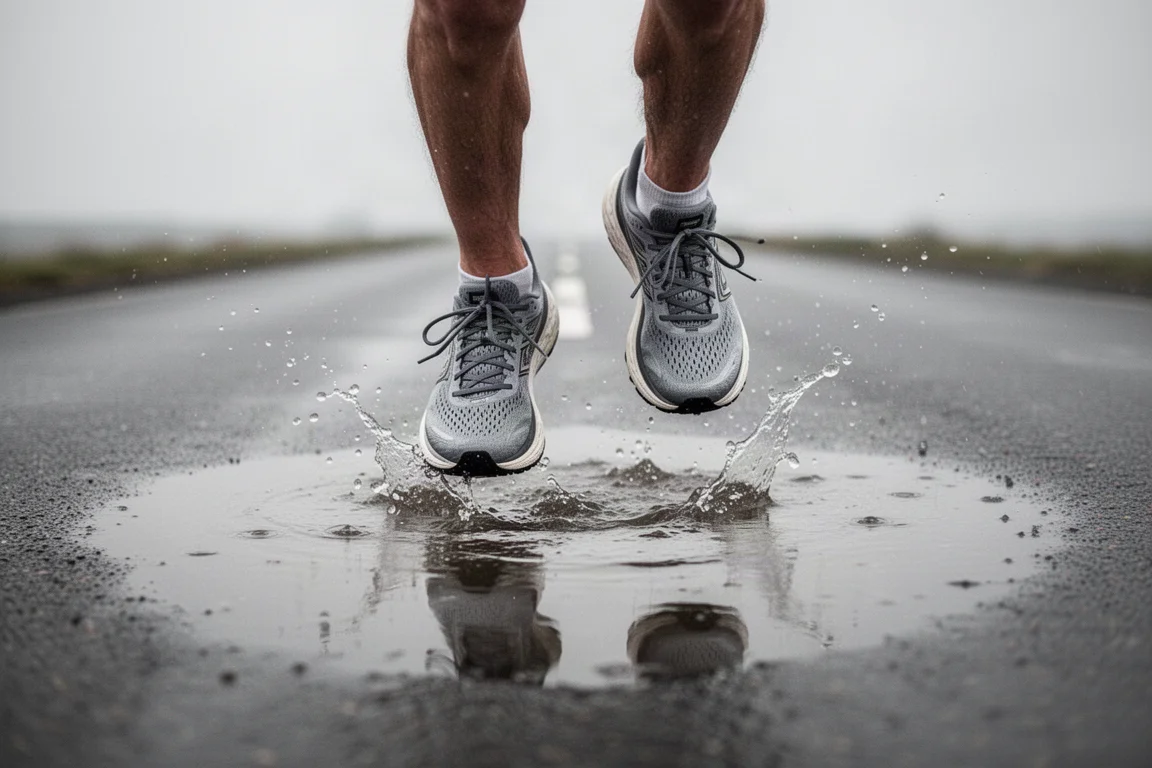 Le scarpe di un runner schizzano acqua dalle pozzanghere su una strada bagnata