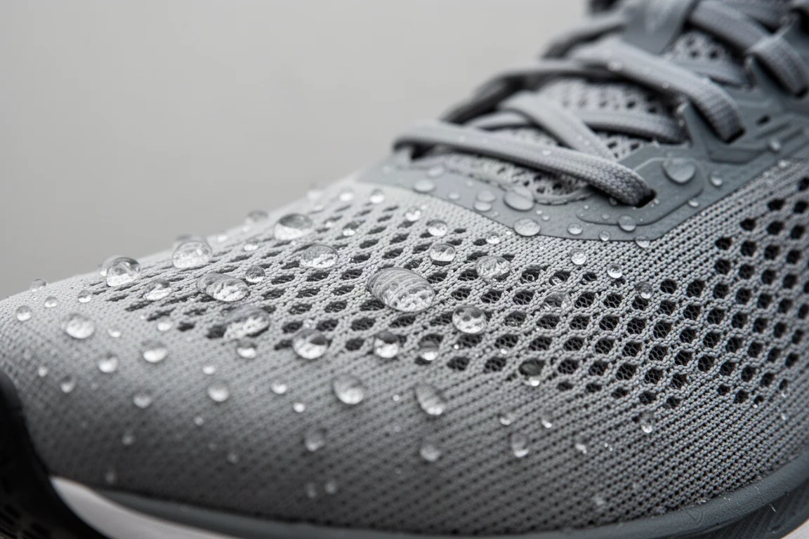 Goccioline d'acqua che perlano sul tomaio di una scarpa da running