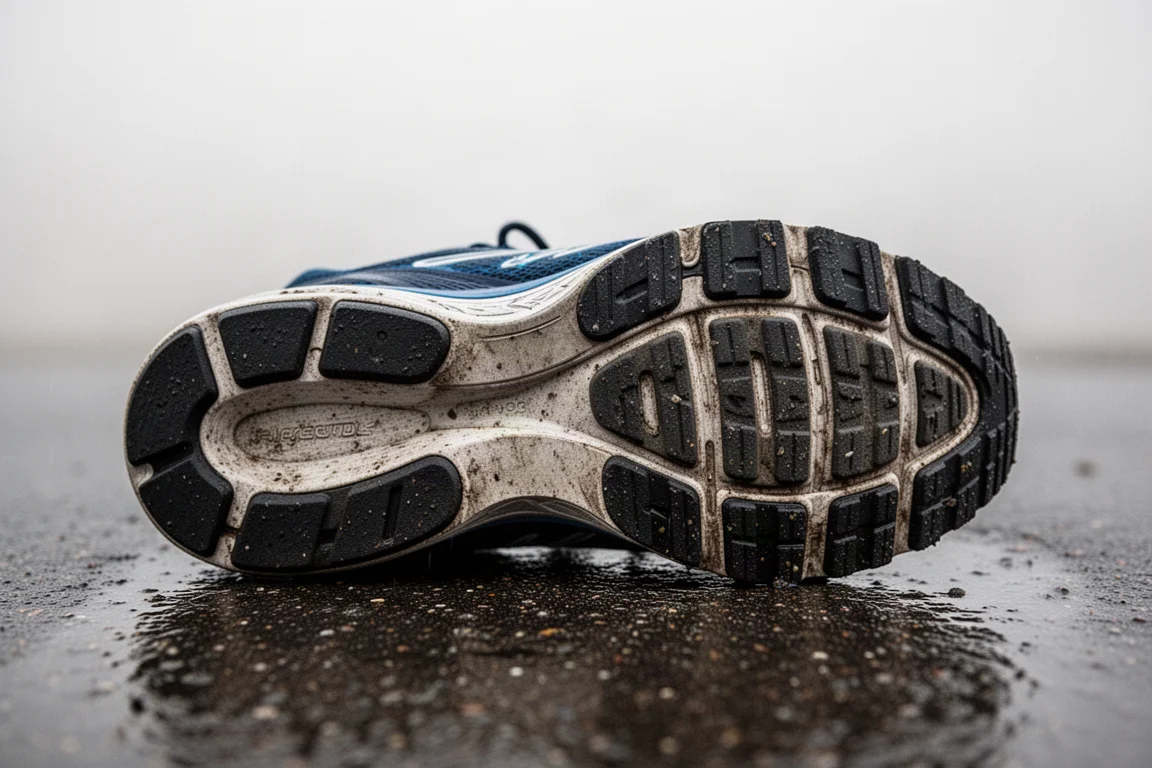 Primo piano della suola resistente di una scarpa da running su asfalto bagnato