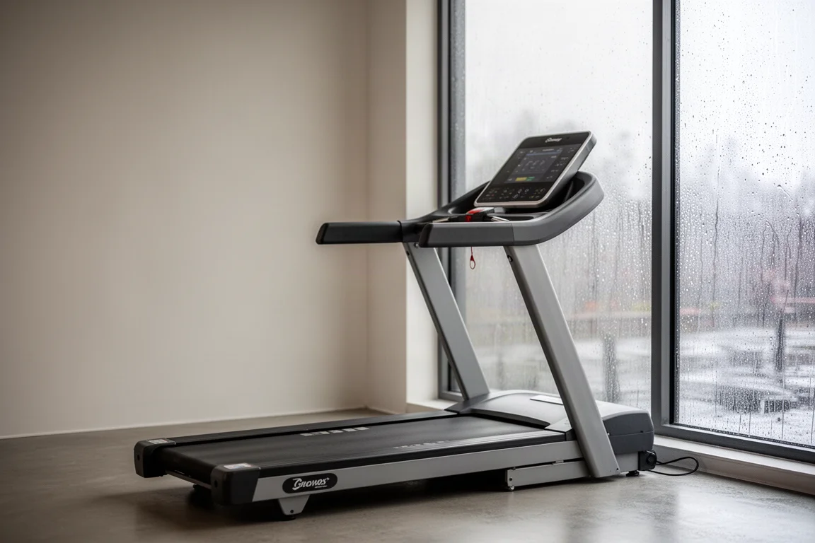 Runner su un tapis roulant accanto a finestre battute dalla pioggia