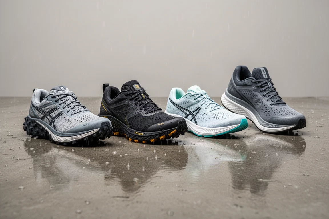 Five different running shoes lined up on wet concrete in soft light