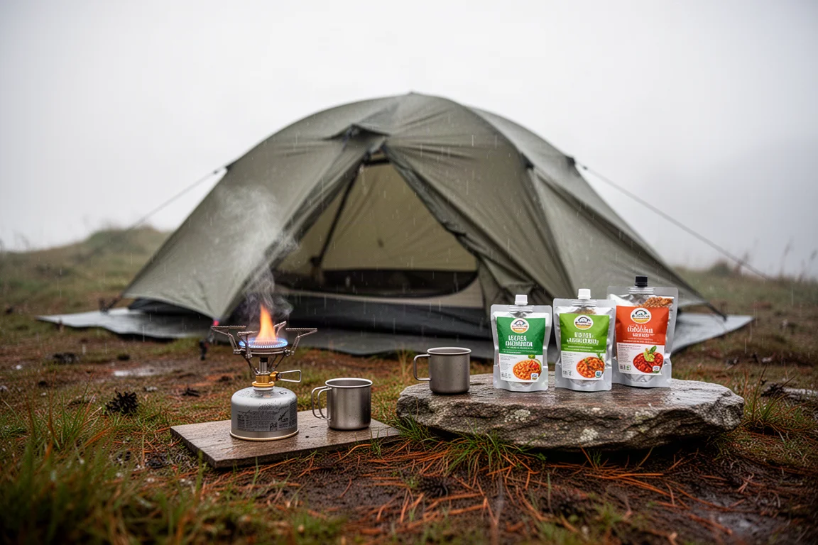 Rainy hillside campsite with ultralight tent, camp stove and food pouches on wet ground