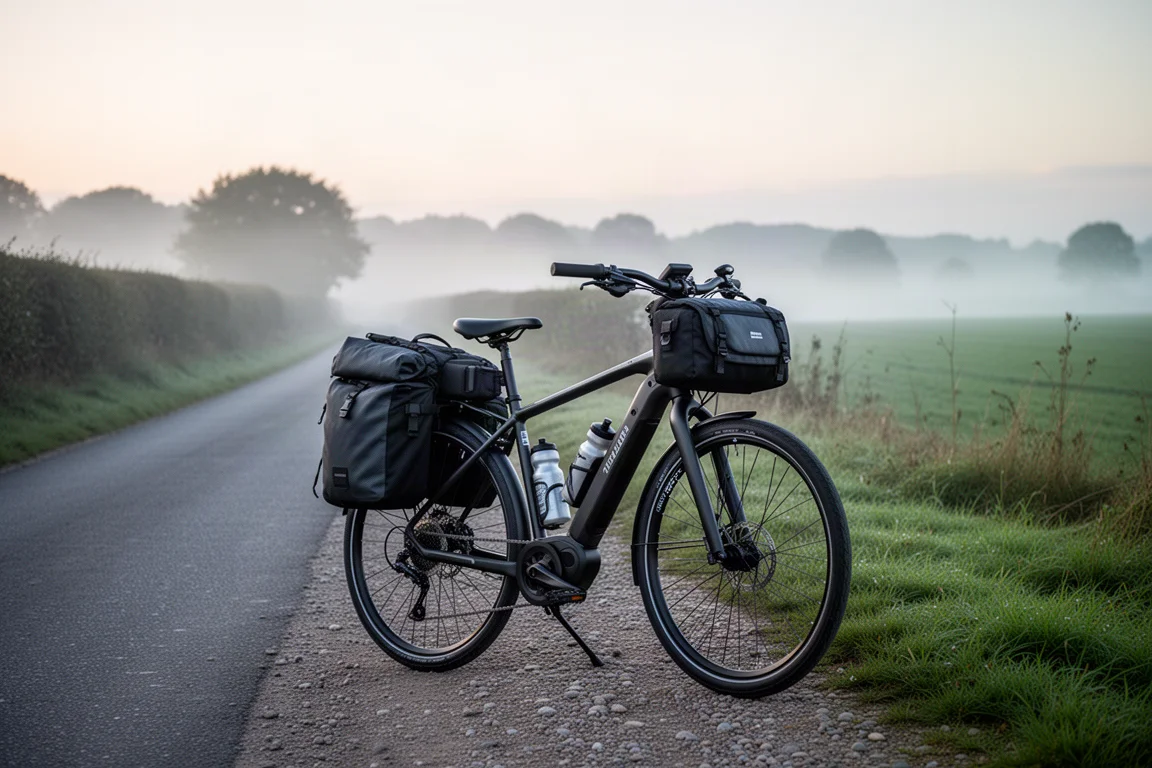 Belaadde elektrische toerfiets geparkeerd op een grindstrook naast een landweg bij zonsopgang