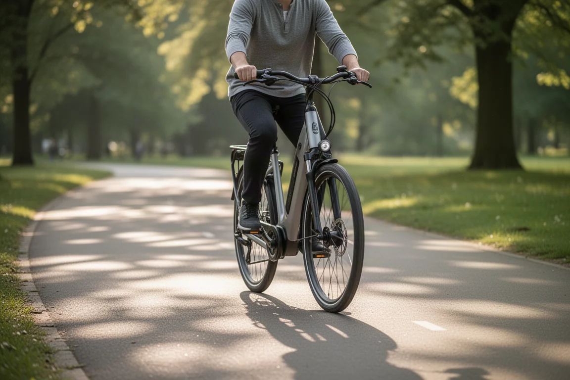 Berijder op een elektrische fiets met lage instap op een met bomen omzoomd fietspad in het park