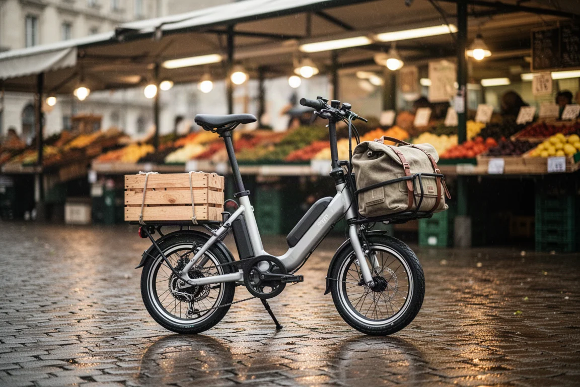 Compacte utilitaire e-bike met kleine wielen geparkeerd buiten een overdekte stadsmarkt