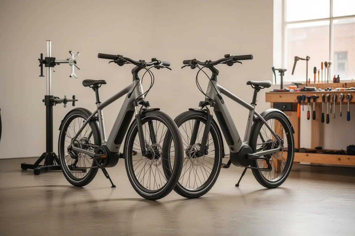 Twee elektrische fietsen naast elkaar geparkeerd in een lichte fietswerkplaats