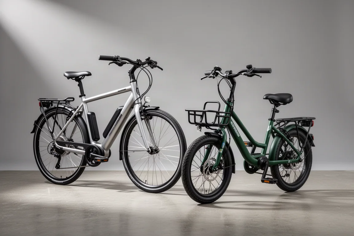 A slim commuter e-bike and a compact small-wheel utility e-bike side by side on concrete