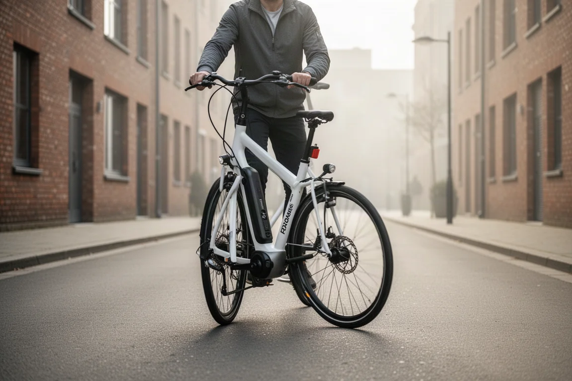 Commuter riding a slim electric bike through a quiet city street in morning light