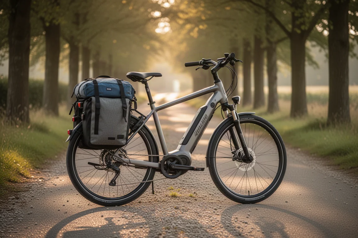Electric commuter bike with loaded pannier bags parked on a tree-lined lane