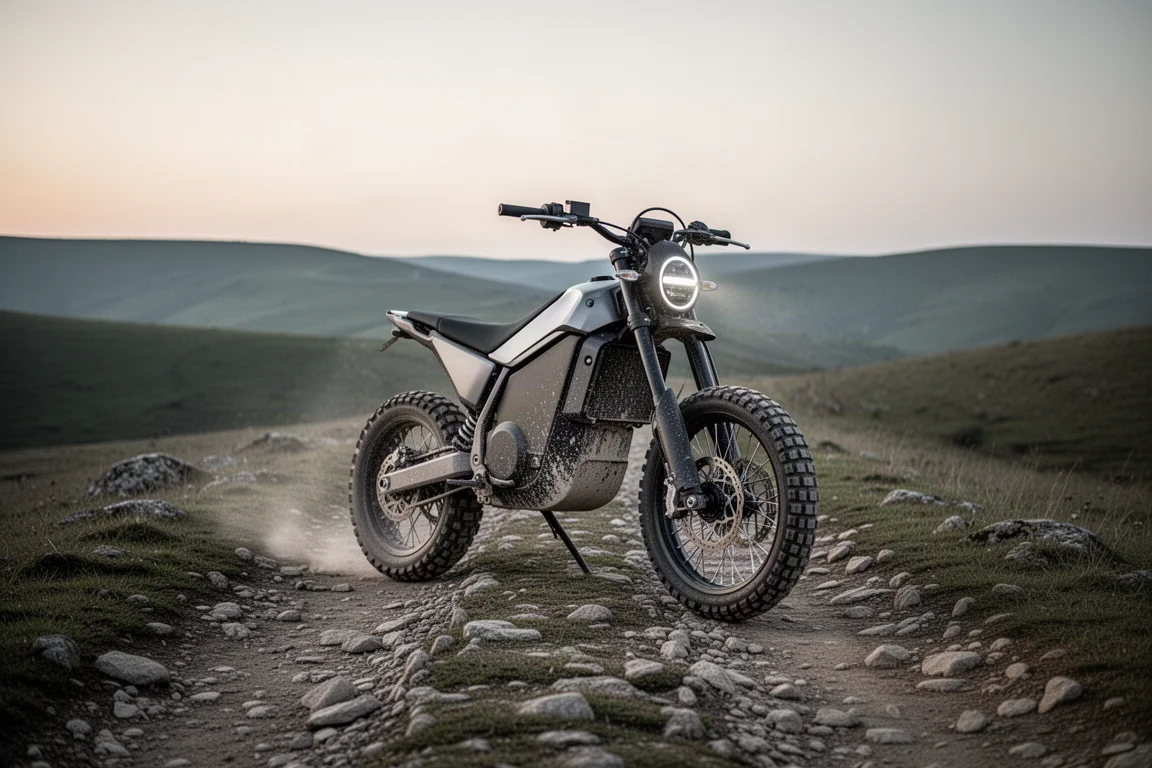 Electric adventure bike with chunky tyres on a rough stony track in the hills