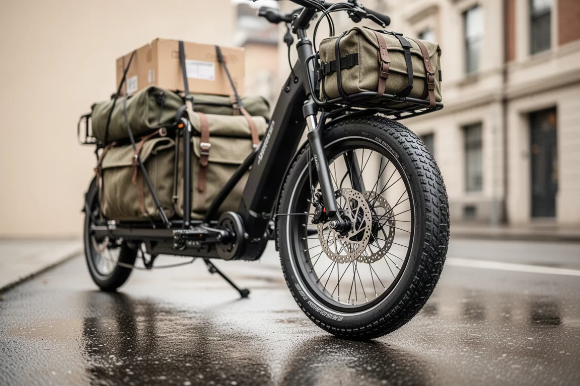 Small-wheel cargo electric bike loaded with boxes on a city street, low angle