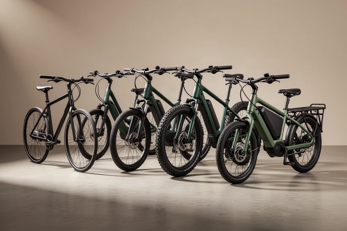 Five electric bicycles lined up on a concrete floor, from slim city bike to small-wheel cargo bike