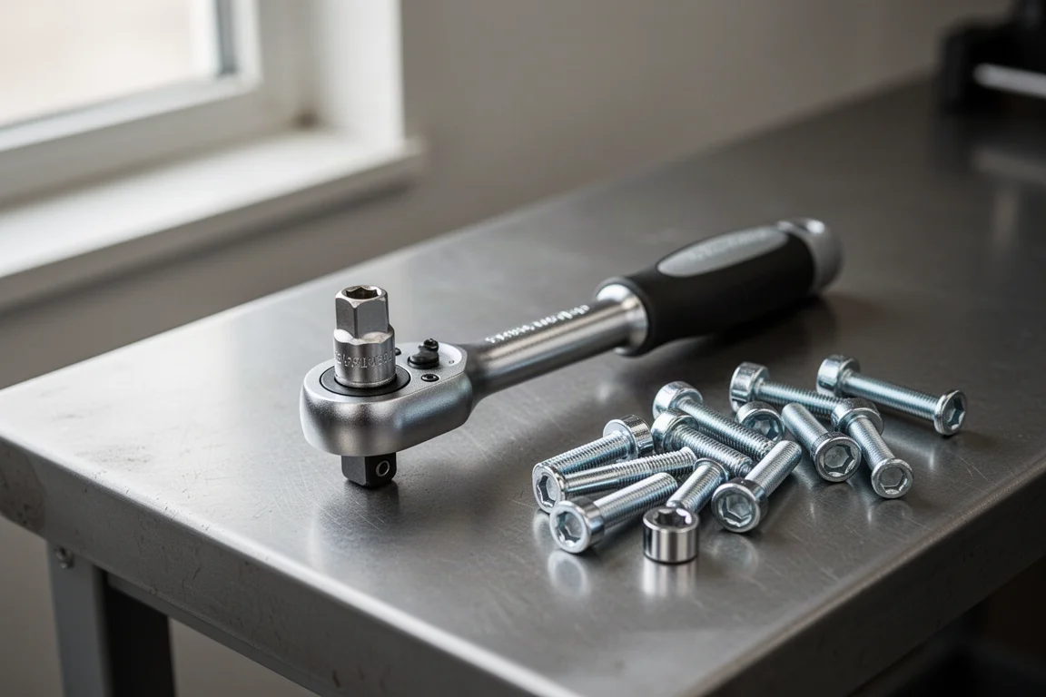Standaard ratchet die een kwart-inch dop aandrijft op een werkbank