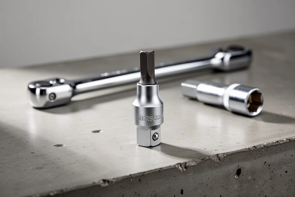 Adapter met vergrendelbare kop met vierkante aandrijving liggend op een werkbank naast een breekstaaf