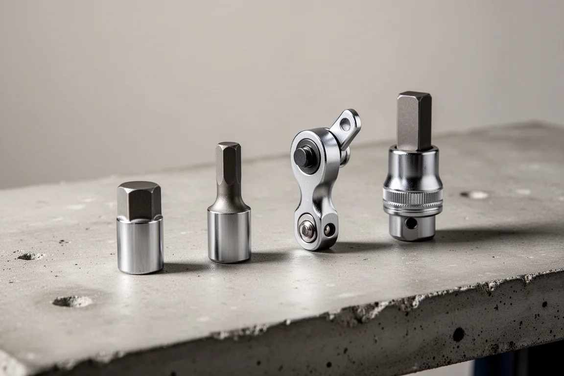 Four small steel tool adapters arranged on a concrete workbench