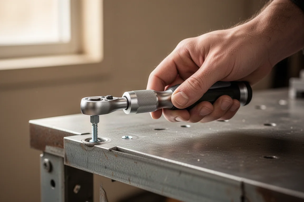 Mani che usano un avvitatore compatto a cricchetto per avvitare un elemento di fissaggio vicino alla superficie di lavoro