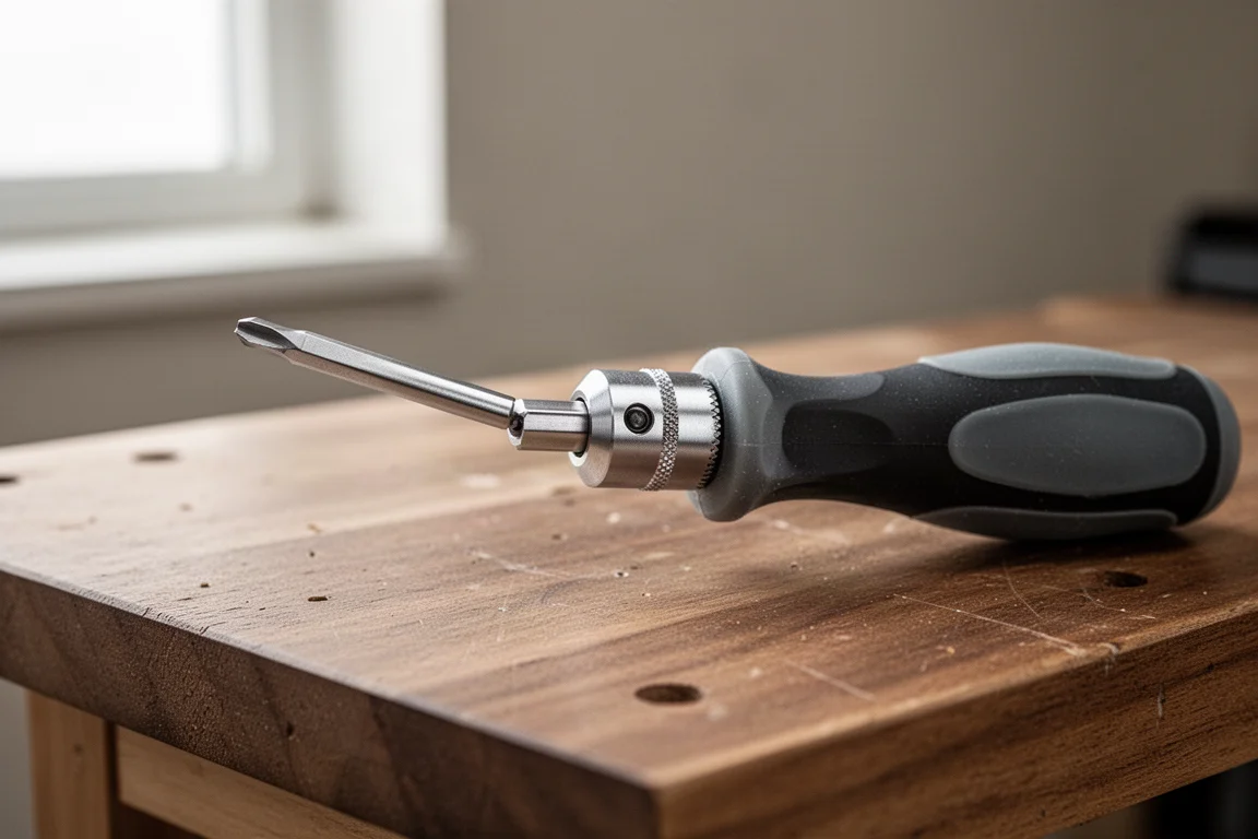 Snap-on bit holder seated in a soft-grip ratcheting screwdriver handle