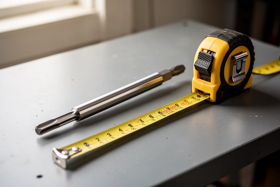 GearWrench long bit holder lying on a workbench next to a tape measure