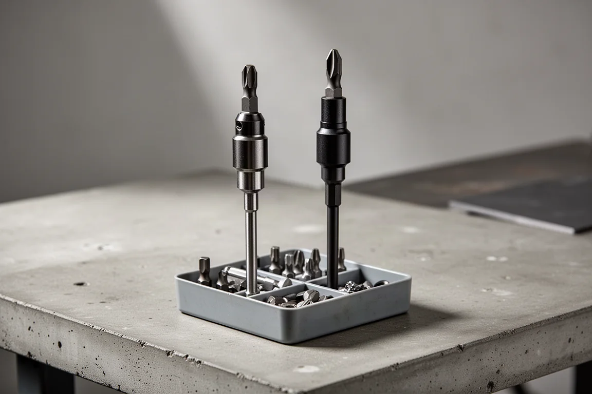 Drill-ready magnetic bit holders lined up on a concrete workbench
