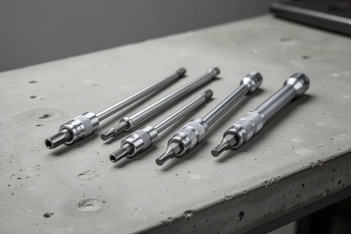 Four long-shank bit holders lined up on a concrete workbench