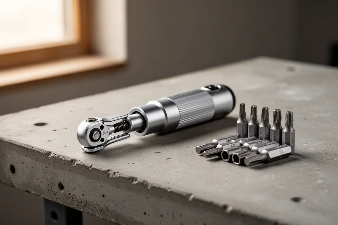 Ratcheting bit driver with flex head folded flat on a workbench