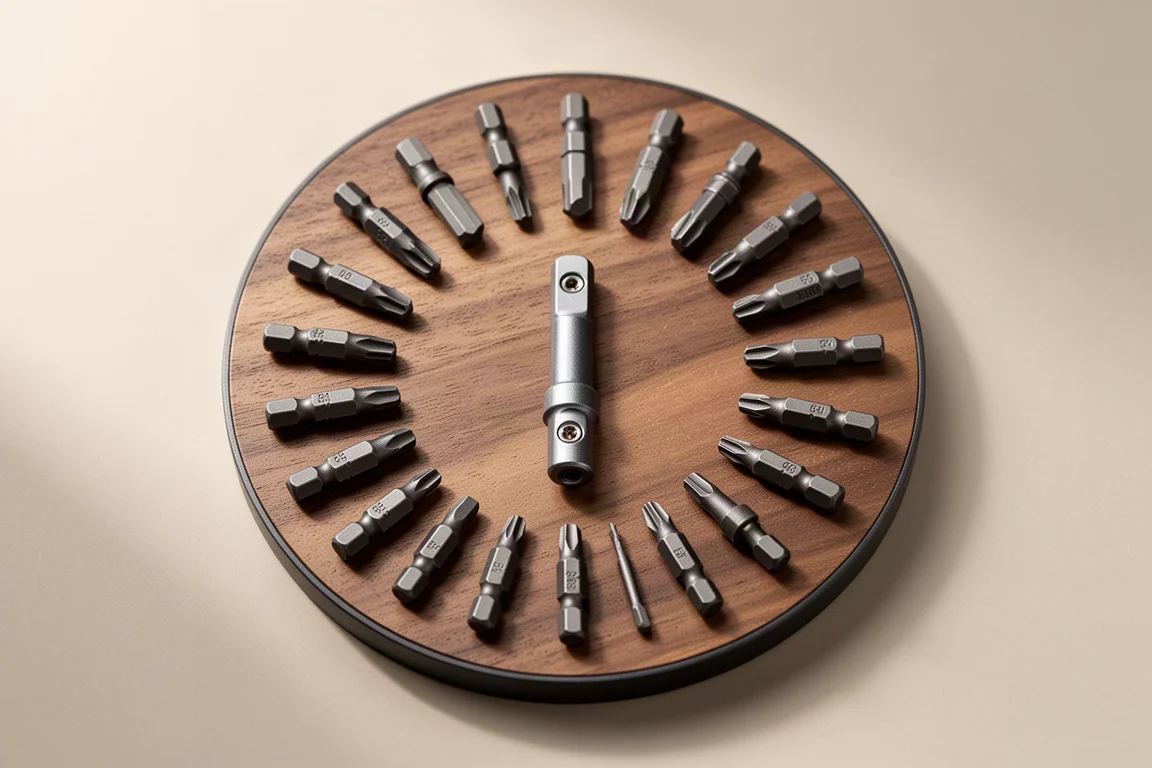 Bit carousel holding a selection of small hex bits viewed from above