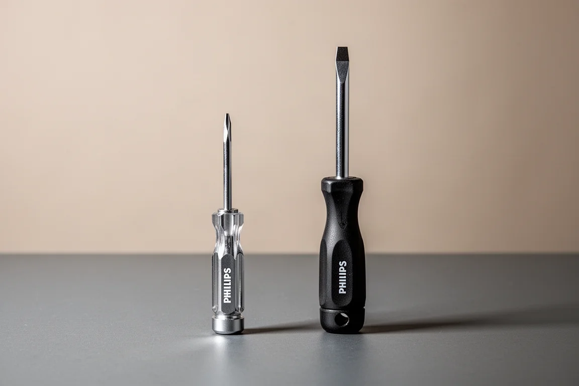 Very short low-profile Phillips screwdriver next to a standard screwdriver for scale