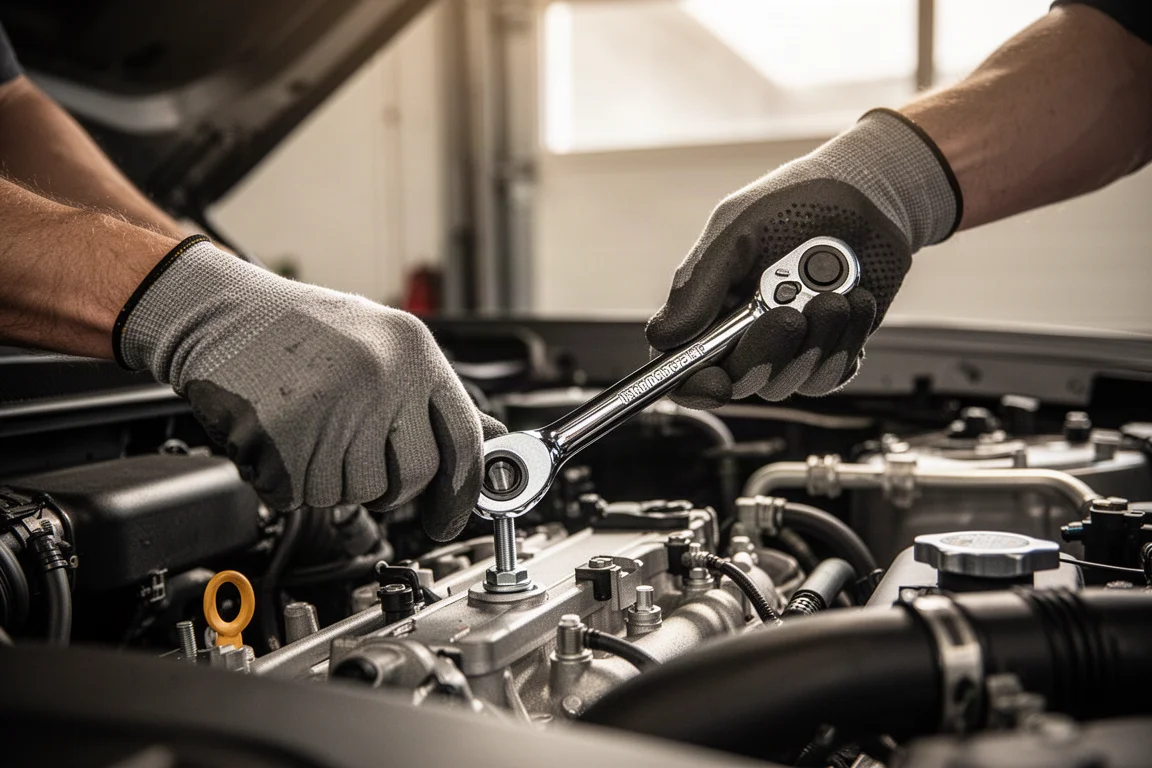 Dłonie mechanika używające klucza z zapadką na śrubie w komorze silnika