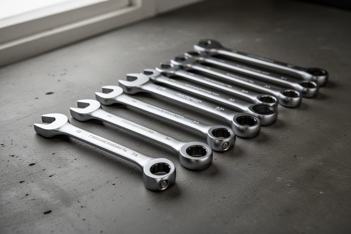 Row of polished chrome ratcheting combination wrenches on a grey workshop surface