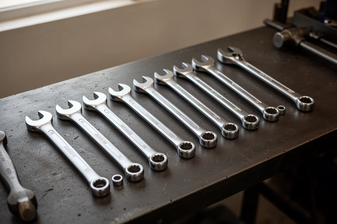 Long ratcheting wrenches laid out on a workshop bench under soft light