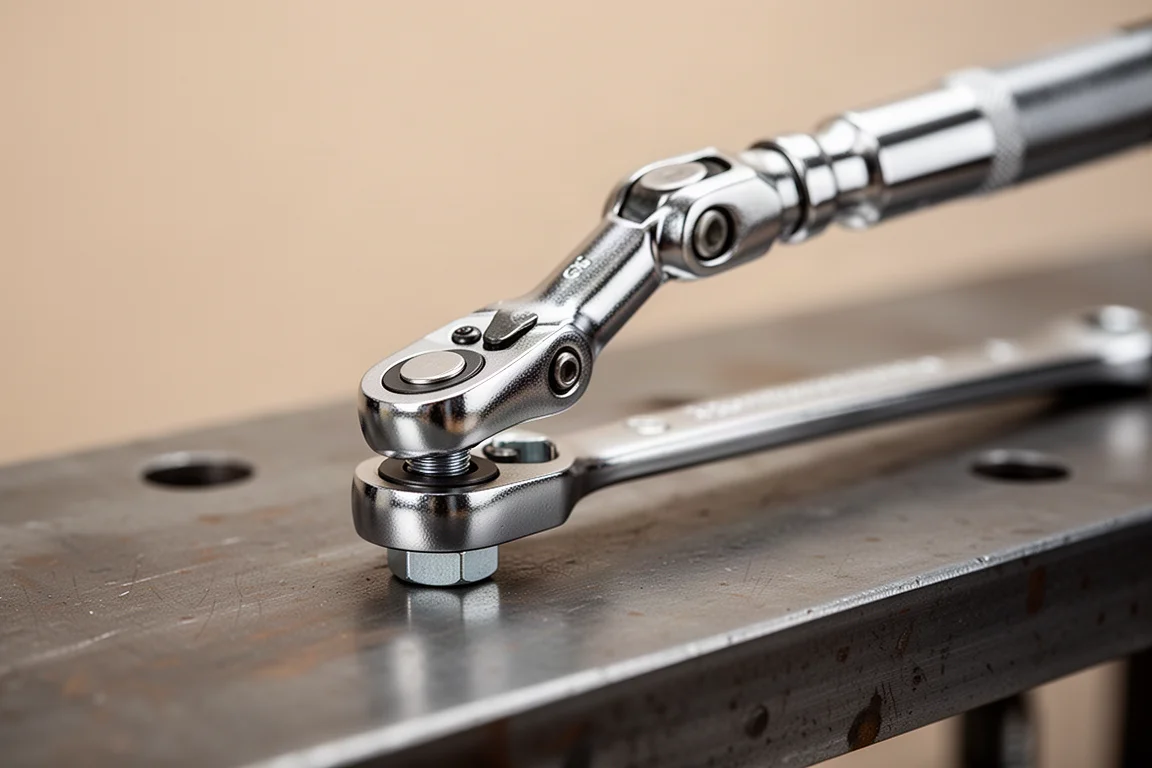 Close-up of a flex-head ratcheting wrench head working on a bolt