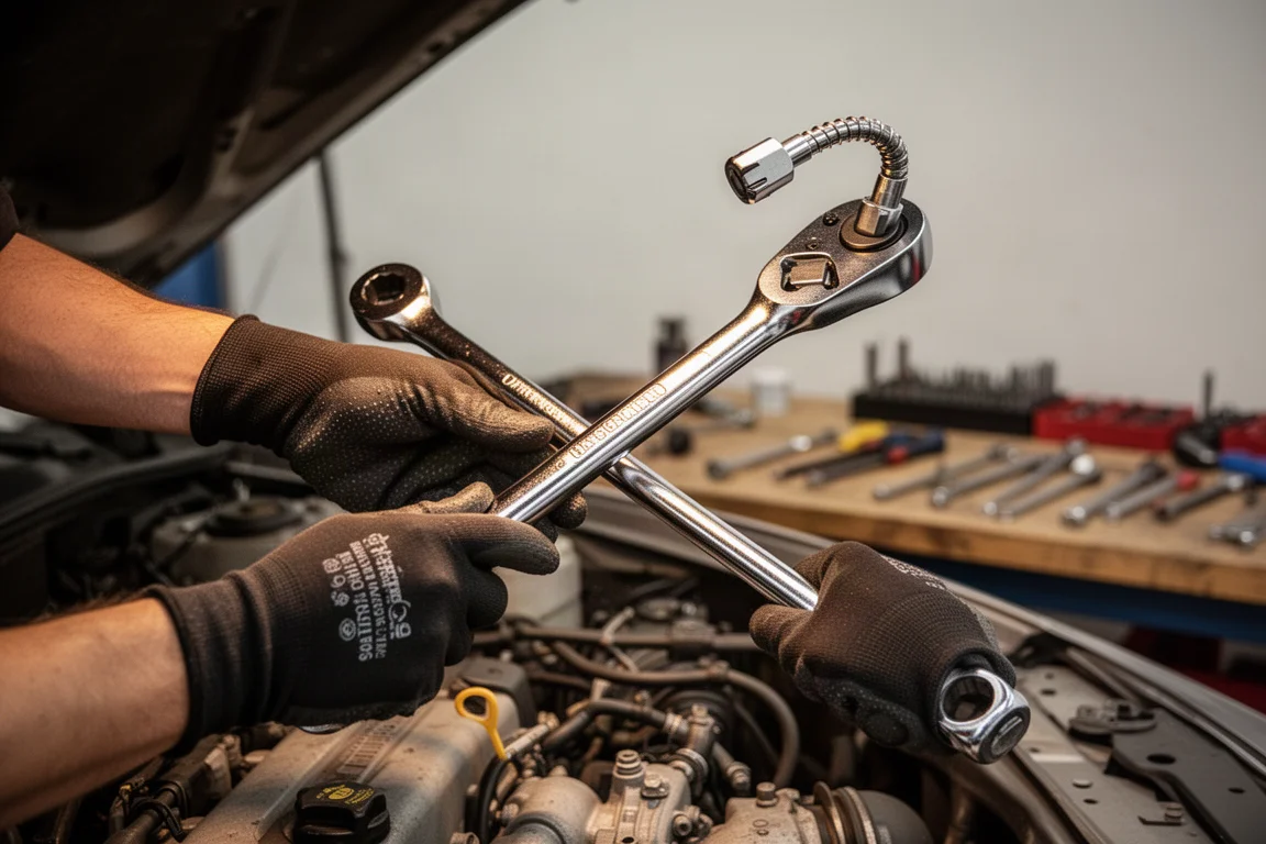Mechanic's hands ratcheting a long wrench in a tight engine bay
