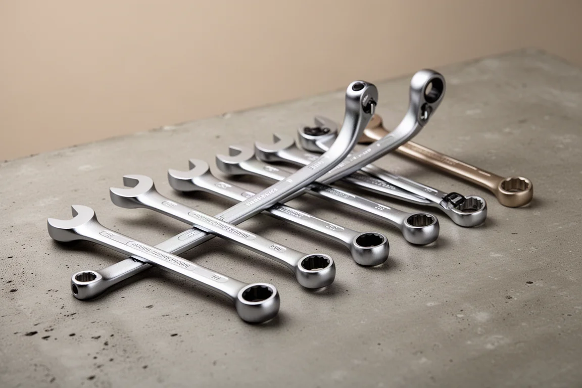 A row of long ratcheting flex-head double box end wrenches on a concrete surface