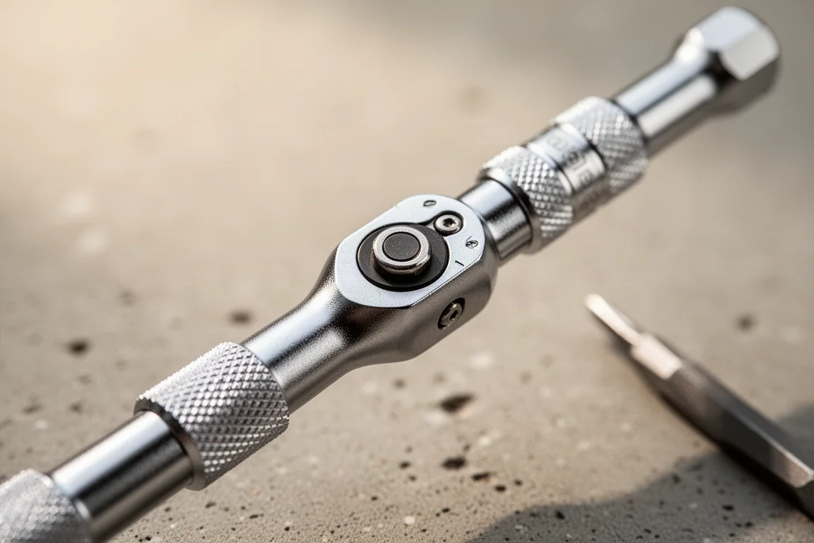 Zbliżenie na mechanizm grzechotki testowany z rękojeścią wkrętaka
