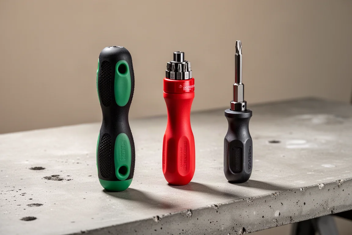 Three palm-grip ratcheting screwdrivers side by side on a concrete workbench