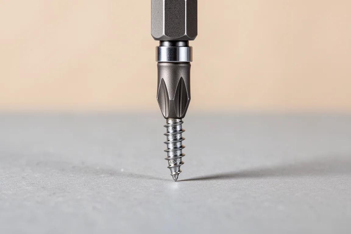 Punta del cacciavite con inserto magnetico che tiene una piccola vite sopra un banco di lavoro