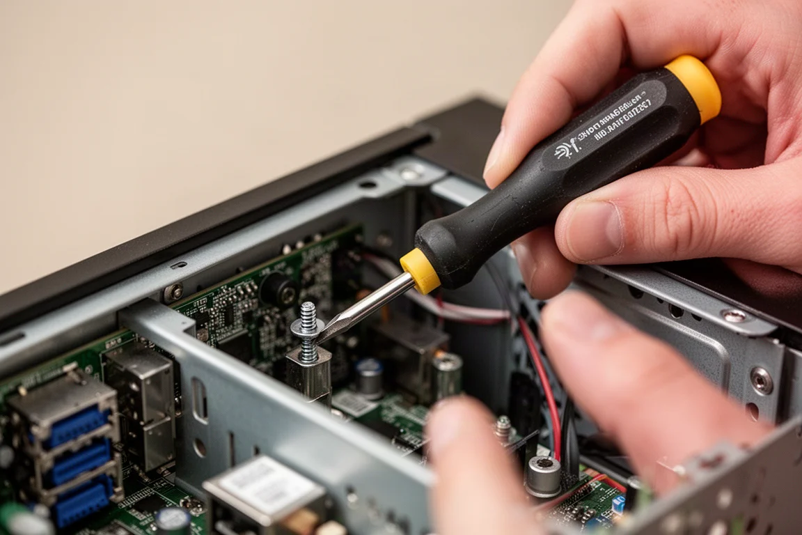 Cacciavite compatto in mano che avvita una vite dentro uno chassis di computer stretto