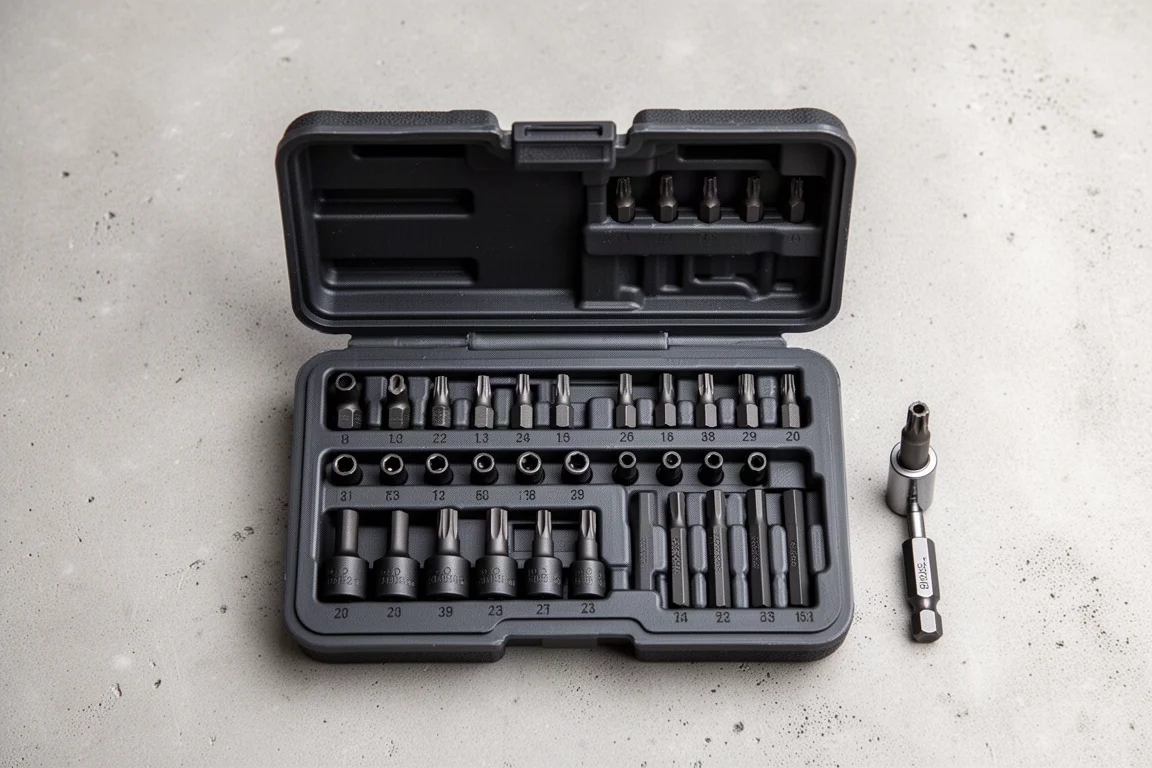 Geöffneter 23-teiliger Bit-Koffer mit sortierten Innensechskant- und Torx-Bits auf Beton