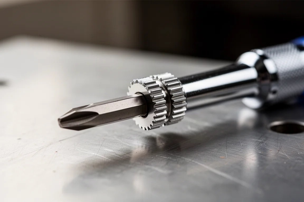 Close-up of a ratcheting screwdriver mechanism on a workbench