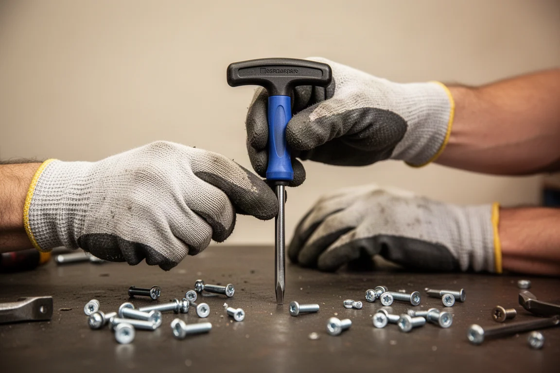 T-handle screwdriver held in a mechanic's grip above a workbench