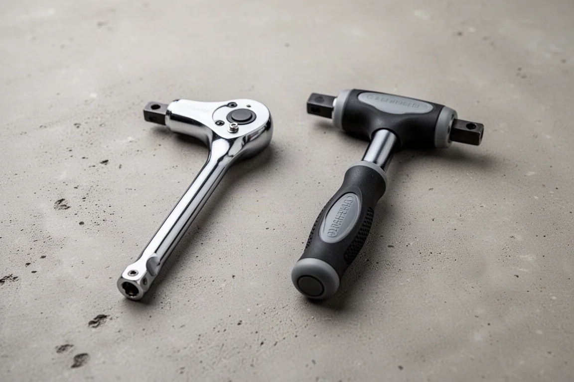 Two nearly identical T-handle screwdrivers side by side on concrete