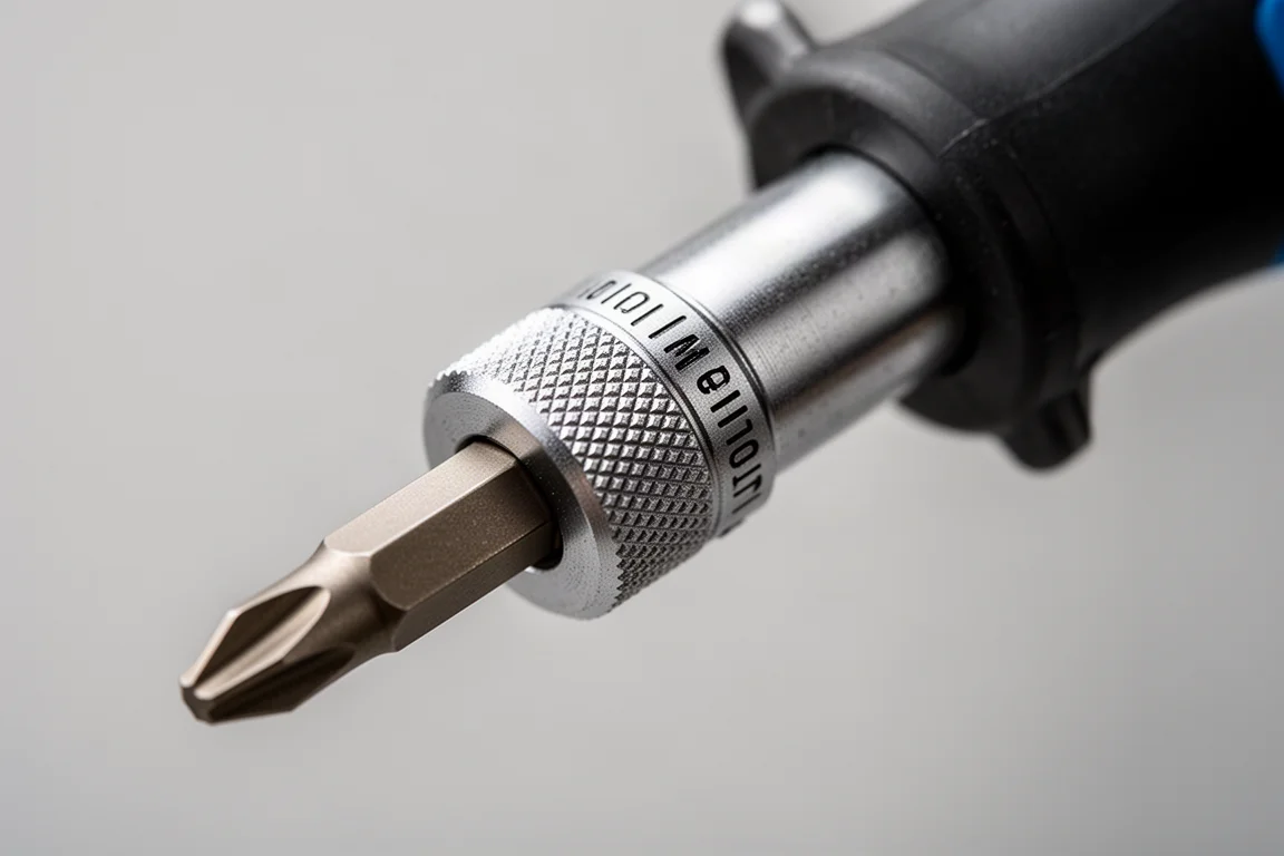 Close-up of a screwdriver collar and shaft showing rotation markings