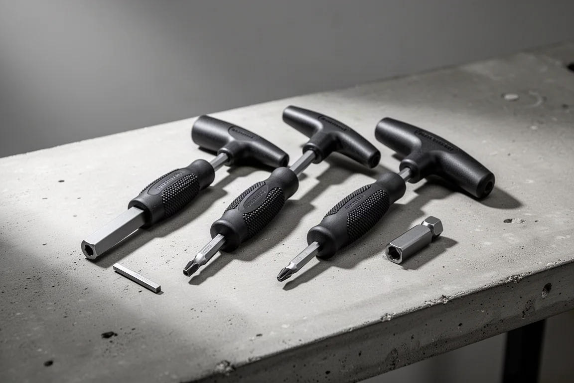 Three ratcheting T-handle tools arranged on a concrete workbench with a small adapter